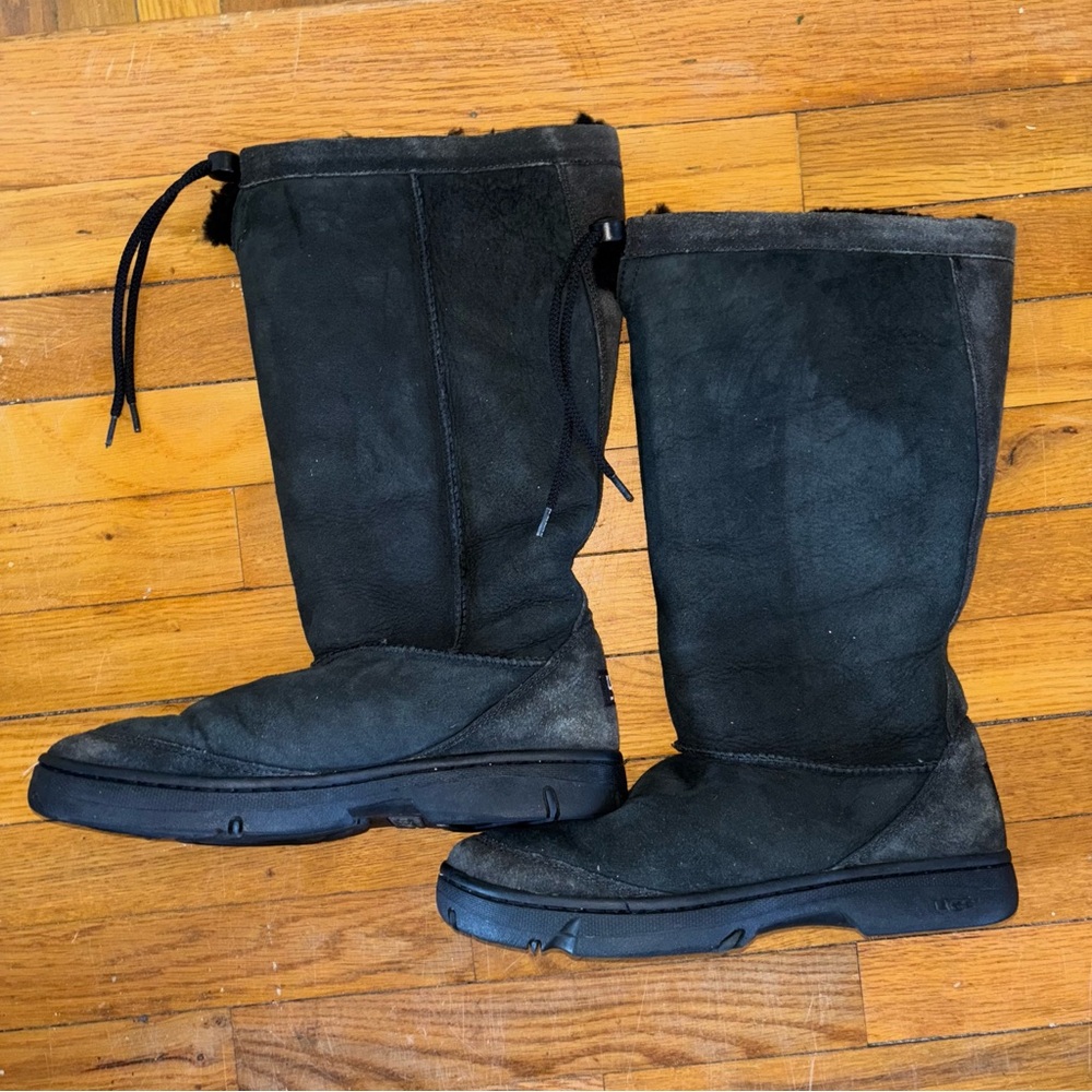 UGG Sheepskin Boots Women 10 Ultimate Tall Shoes Black Suede Wool Winter Snow